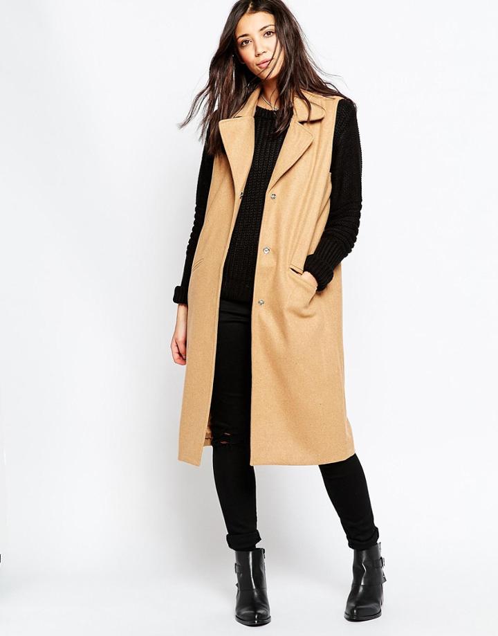 Brave Soul Long Line Sleeveless Blazer - Camel