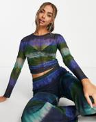 Stradivarius Long Sleeve Mesh Top In Blue Tie-dye - Part Of A Set