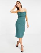 Lavish Alice Cowl Front Bandeau Midi Pencil Dress In Sage-green
