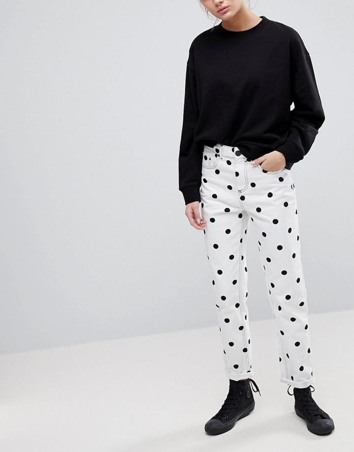Asos Original Mom Jeans In Mono Polka Dot Print - White