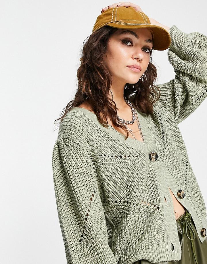 Object Cotton Blend Knitted Cardigan In Sage Green - Lgreen