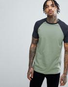 Asos Design Raglan T-shirt With Contrast Sleeves In Green - Multi