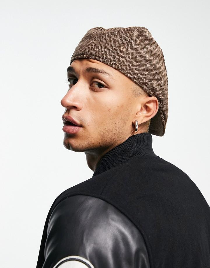 Asos Design Flat Cap With Herringbone Design In Brown