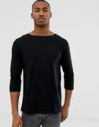 Asos Design Relaxed 3/4 Sleeve T-shirt With Boat Neck In Black - Black