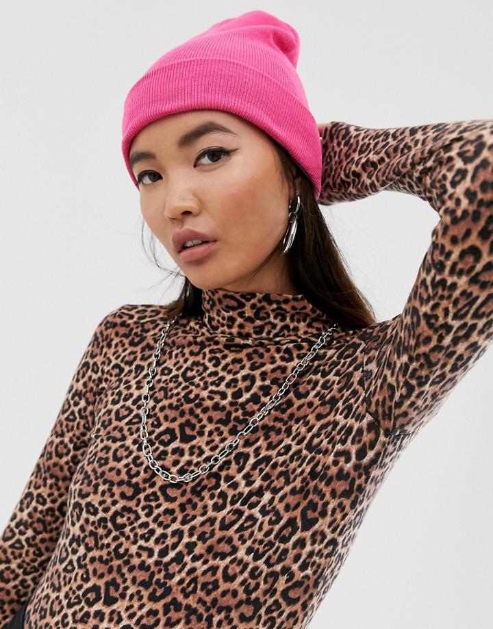Asos Design Turn Up Beanie In Pink