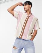 Bershka Knit Striped Polo Shirt In Pink And Beige-multi