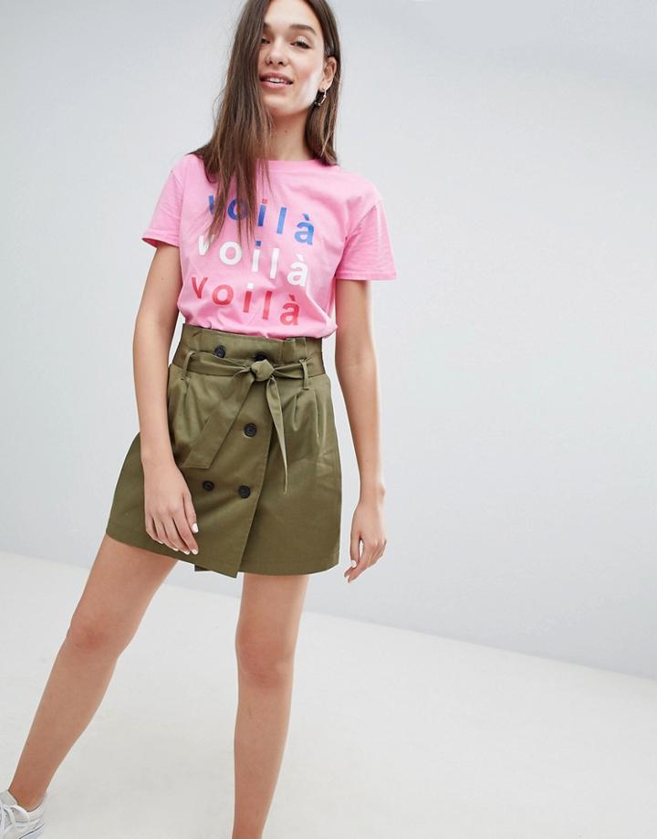 Bershka Double Breasted Tie Waist Mini Skirt In Green - Red
