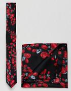 Asos Floral Tie & Pocket Square - Black