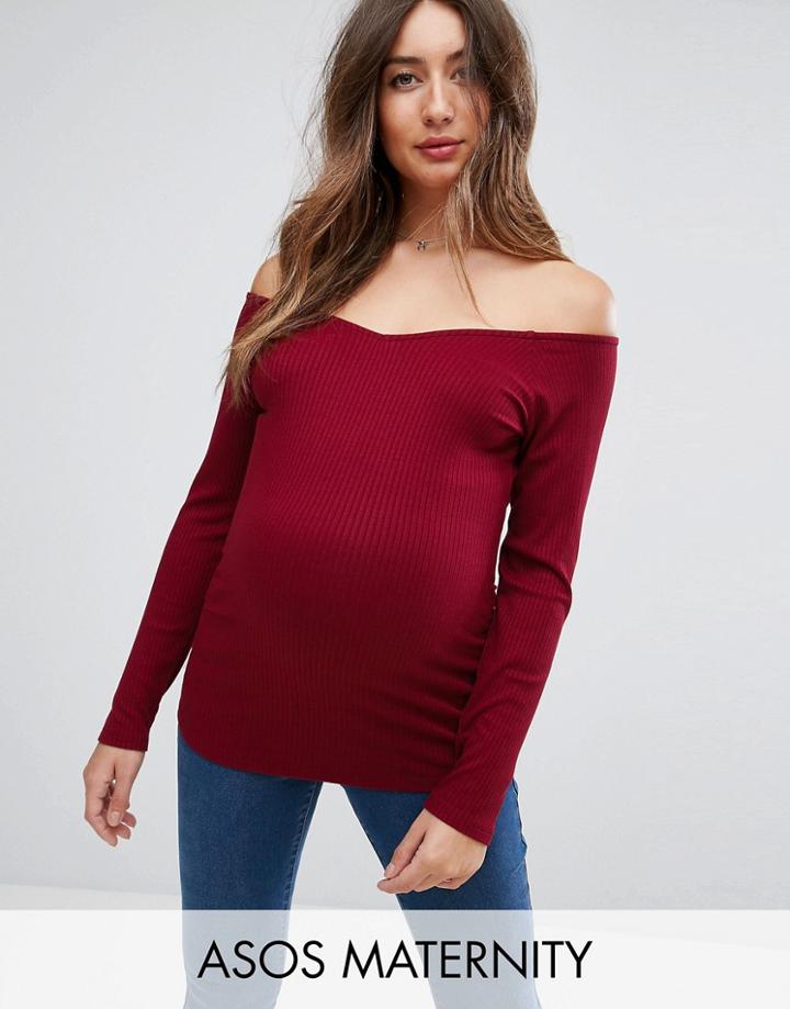 Asos Maternity Off Shoulder V Front Top In Rib - Red