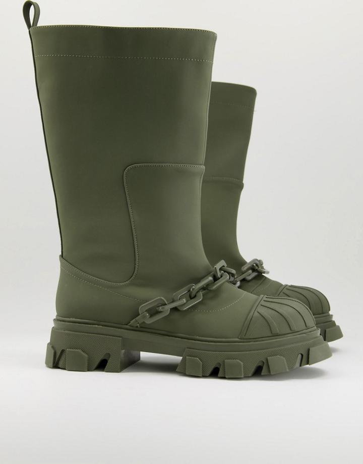 Public Desire Man Lincoln Chain Rain Boots In Khaki-green