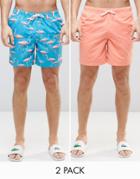 Asos Swim Shorts 2 Pack In Pink And Flamingo Print In Mid Length Save 17%