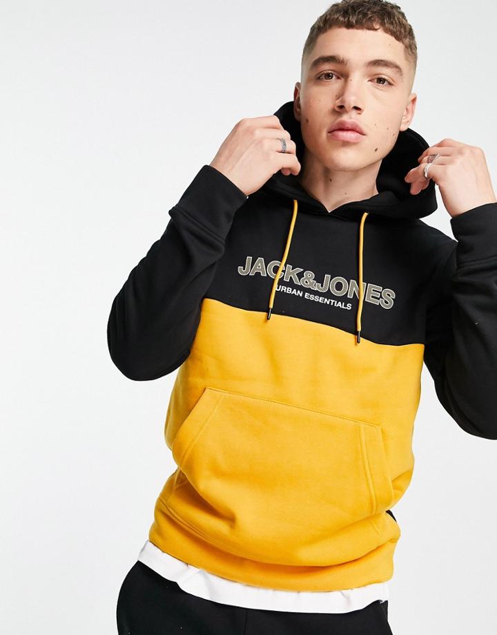 Jack & Jones Color Block Hoodie In Golden Orange And Black