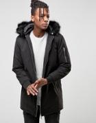 Brave Soul Longline Parka Detachable Faux Fur Hood - Black