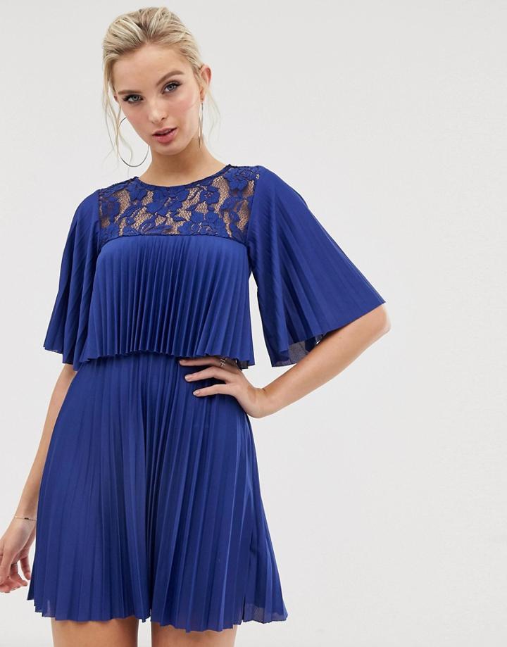 Asos Design Pleated Crop Top Mini Dress With Lace Insert - Navy