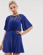 Asos Design Pleated Crop Top Mini Dress With Lace Insert - Navy