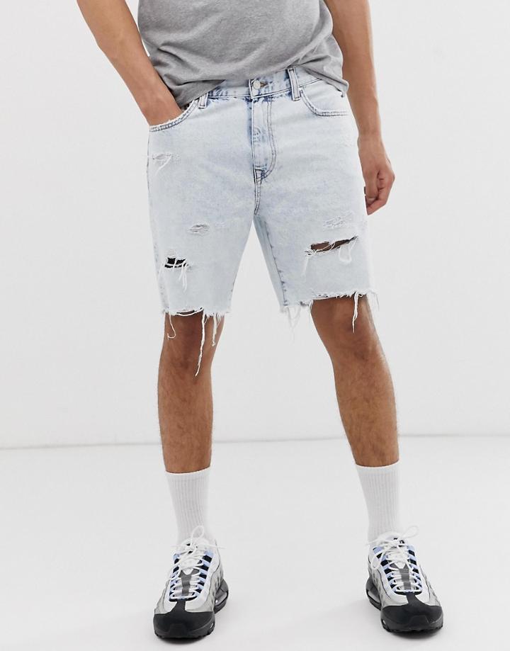 Bershka Slim Denim Shorts With Rips In Acid Wash Blue