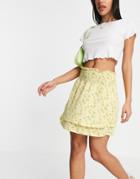 Only Shirred Skirt With Frill Hem In Yellow Floral-multi