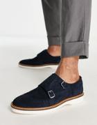 Asos Design Double Strap Monk Shoes In Navy Suede With Contrast Wedge Sole