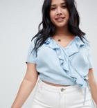 Asos Design Curve Denim Wrap Top With Frill-blue