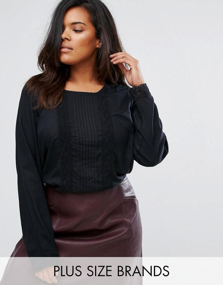 Junarose Long Sleeve Woven Top With Crochet Placket - Black