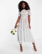 Asos Design Bridesmaid Floral Embroidered Flutter Sleeve Midi Dress With Embellishment In Soft Blue