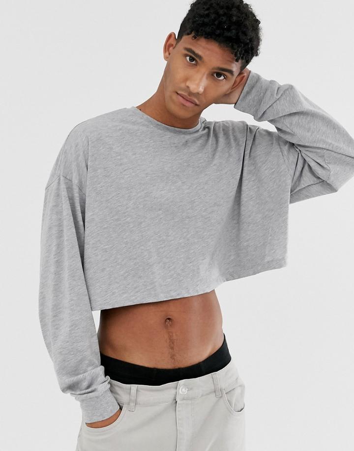 Asos Design Oversized Cropped Long Sleeve T-shirt In Gray Marl