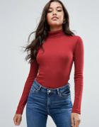 Brave Soul Jersey Roll Neck Top - Red