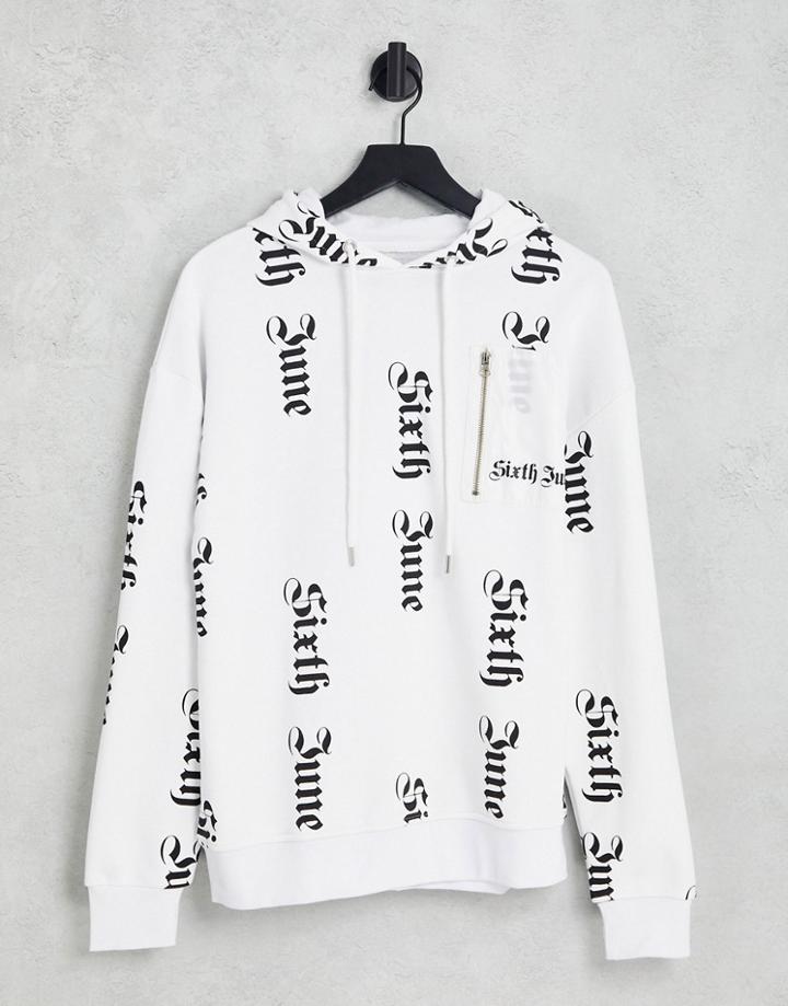Sixth June Skinny Fit All Over Gothic Print Hoodie In Off White