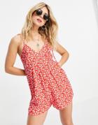 Asos Design V Neck Tie Shoulder Swing Romper In Red Floral-multi