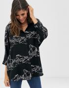 Asos Design Long Sleeve Oversized Shirt In Abstract Horse Print-multi
