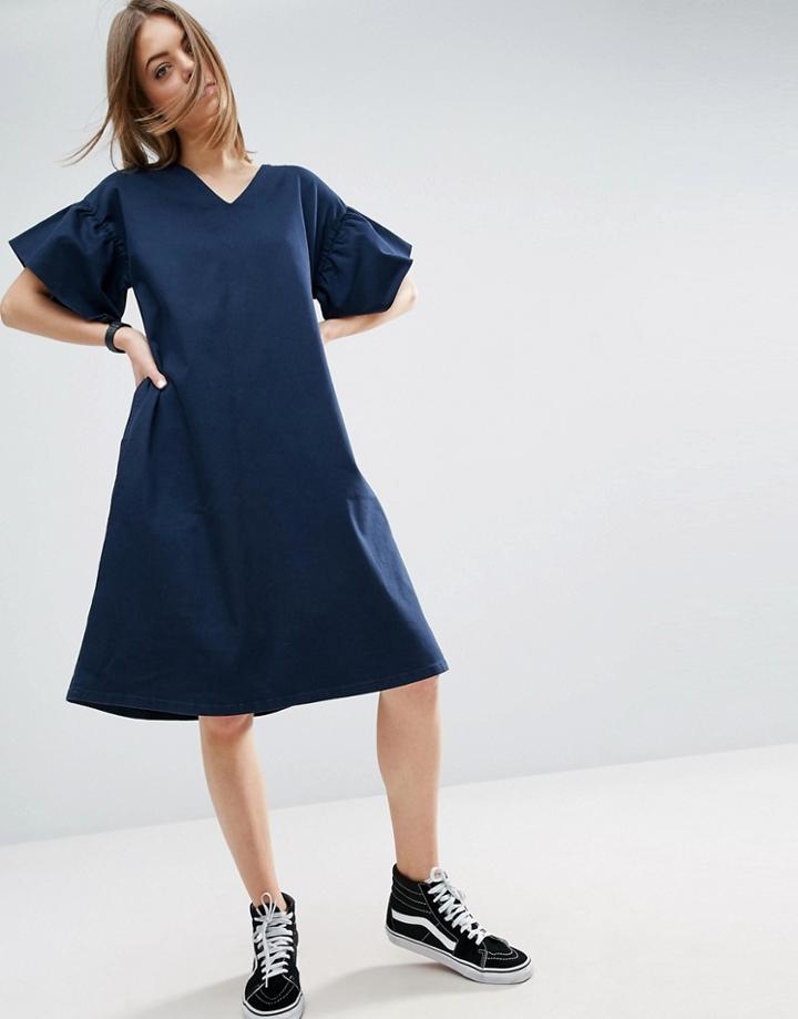 Asos White A-line Midi Dress With Frill Sleeve - Navy