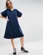 Asos White A-line Midi Dress With Frill Sleeve - Navy