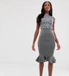 Chi Chi London Tall Lace Midi Dress With Peplum Hem In Charcoal Gray - Gray
