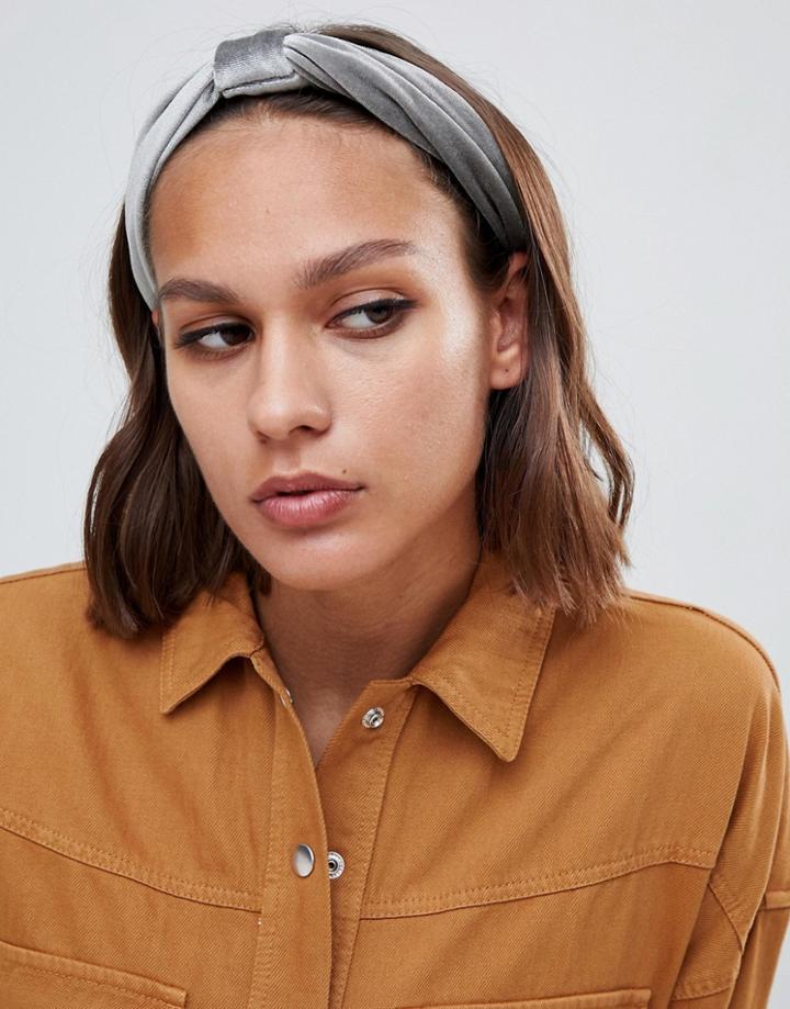 Asos Design Knot Front Velvet Headband In Gray - Gray