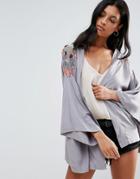 Liquorish Kimono With Embellished Bird Shoulder - Gray