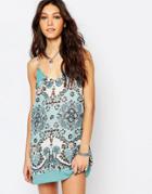 Band Of Gypsies Cami Dress In Scarf Print With Lace - Blue