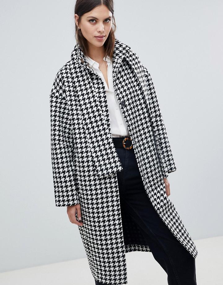 Asos Design Houndstooth Coat With Tie Neck - Multi