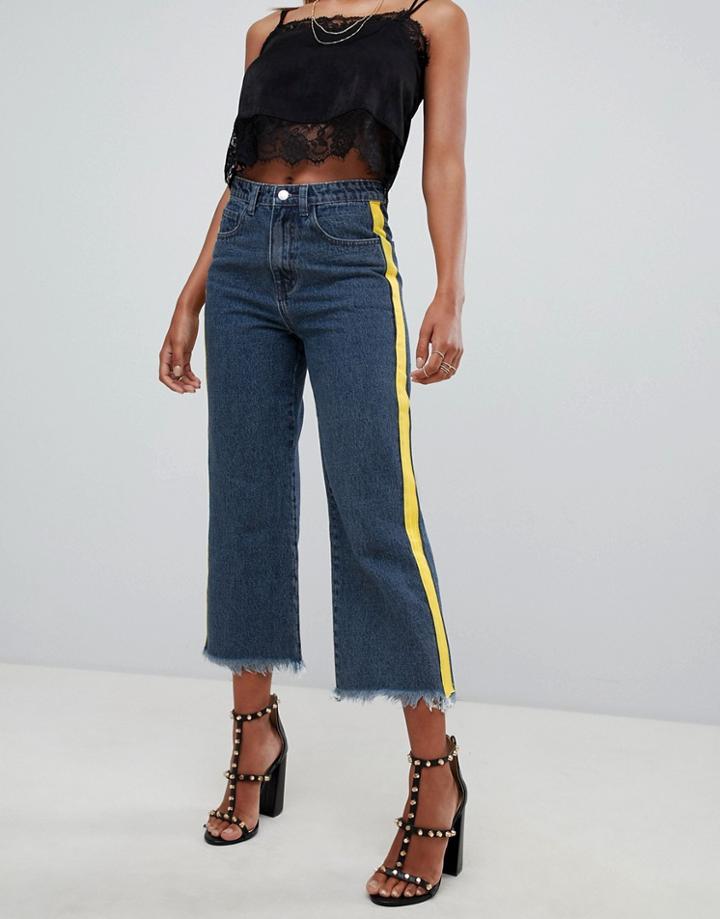 Prettylittlething Cropped Wide Leg Stripe Side Jeans In Mid Wash - Blue