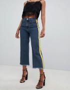 Prettylittlething Cropped Wide Leg Stripe Side Jeans In Mid Wash - Blue