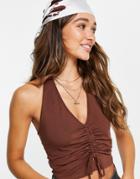 Asos Design Sleeveless Halter Top With Ruched Front In Brown