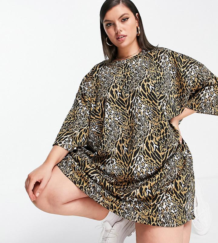 Asos Design Curve Oversized T-shirt Dress In Brown Textured Leopard Print
