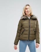 Parisian Padded Jacket With Faux Fur Collar - Green