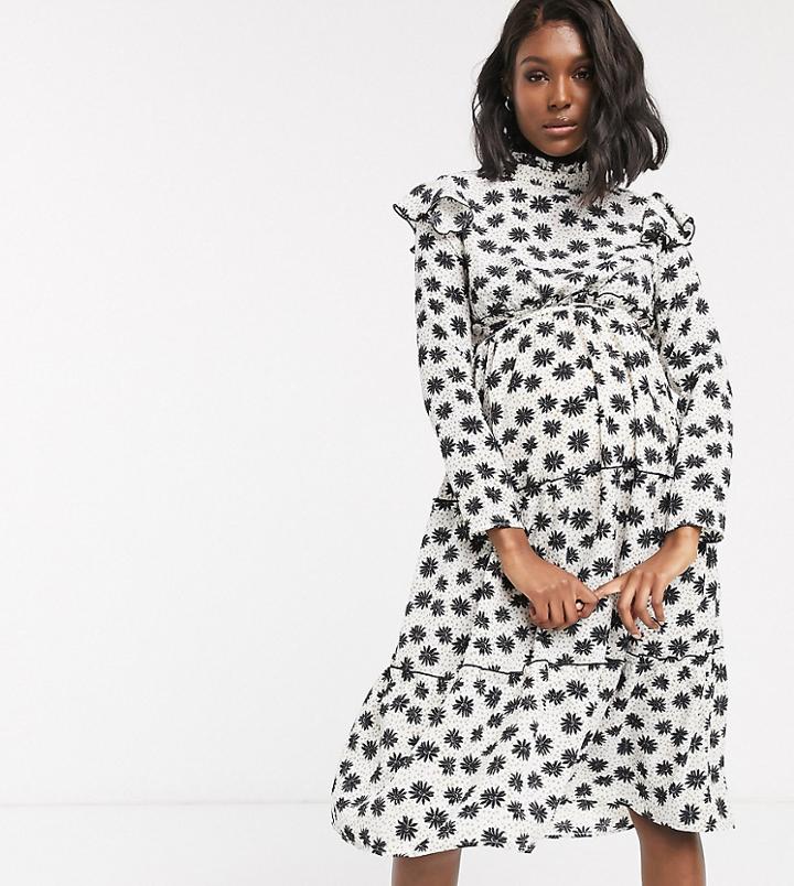 Glamorous Bloom Tiered Midaxi Dress With Frill Sleeves In Ditsy Floral Spot-white