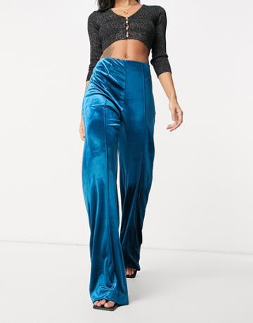 Aqaq High Waist Velvet Coordinating Pants In Petrol Blue-blues