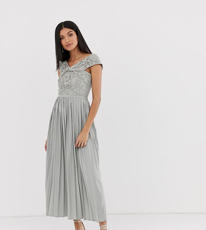 Little Mistress Tall Cross Front Lace Top Midi Pleated Skater Dress In Waterlily - Green