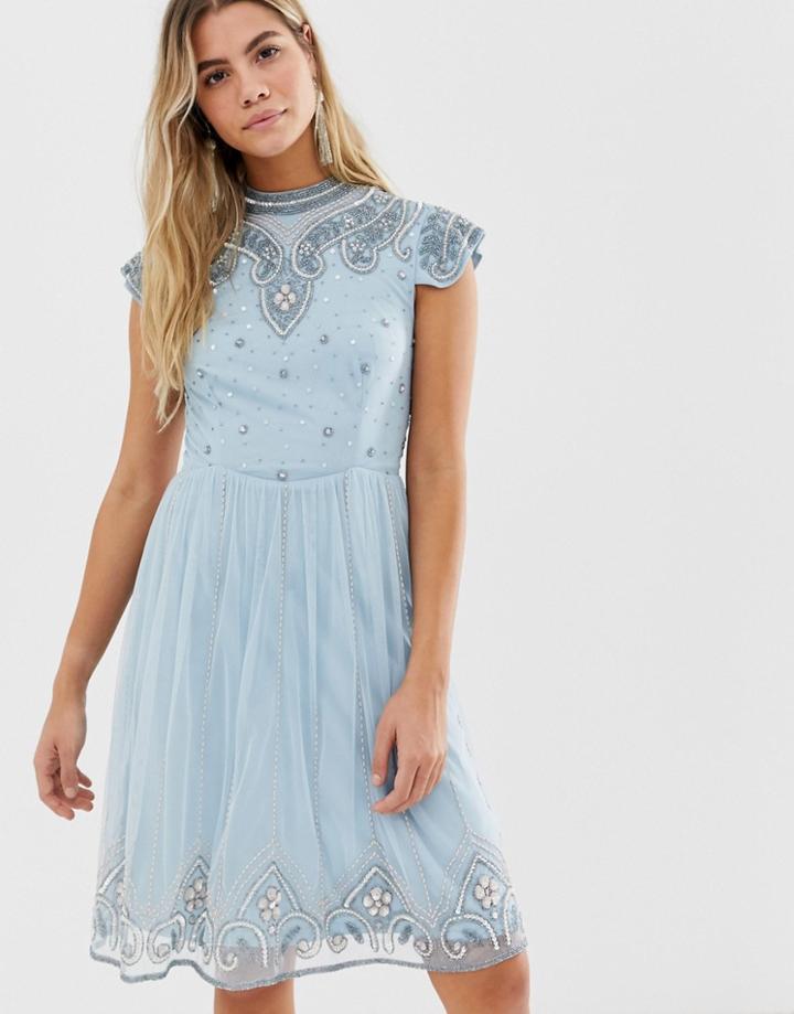 Frock And Frill High Neck Mini Dress With Allover Embellishment In Soft Blue