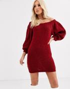 Asos Design Off Shoulder Mini Dress In Lofty Yarn-red