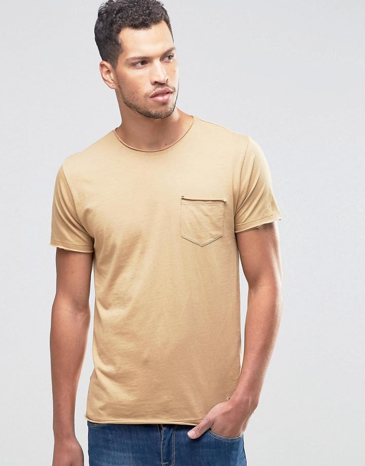 Brave Soul Plain Raw Edge T-shirt - Tan