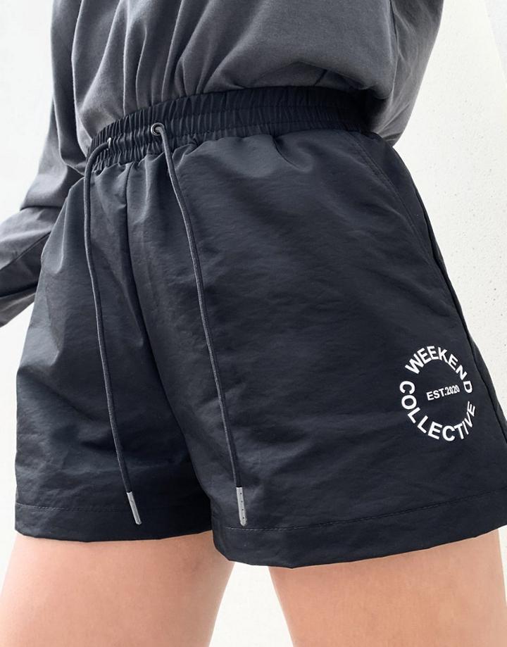 Asos Design Weekend Collective Nylon Short With Logo In Black