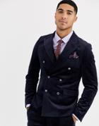 Gianni Feraud Skinny Fit Velvet Double Breasted Peak Lapel Suit Jacket-navy